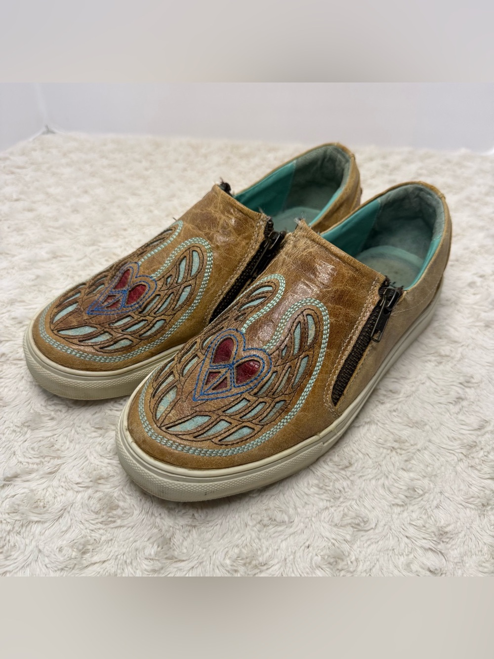 Embroidered Leather Slip-On Sneakers in Brown with Turquoise & Red Accents